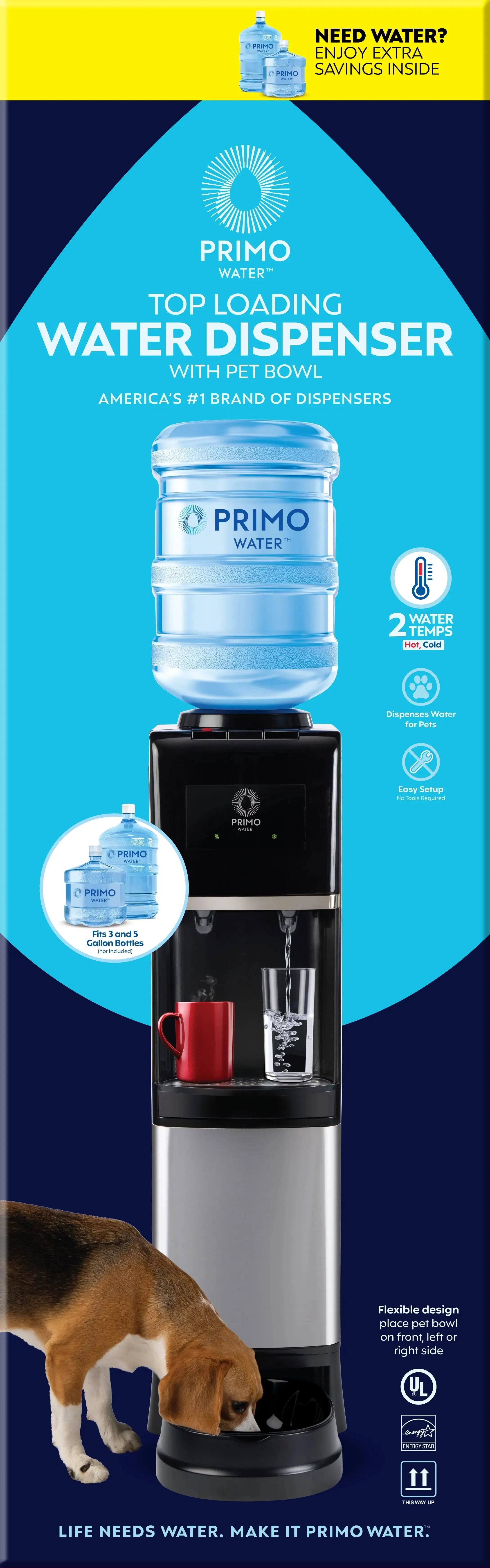 Primo® Water Pet Station Water Dispenser Top Loading, Hot/Cold Temperature, Black and Stainless Steel