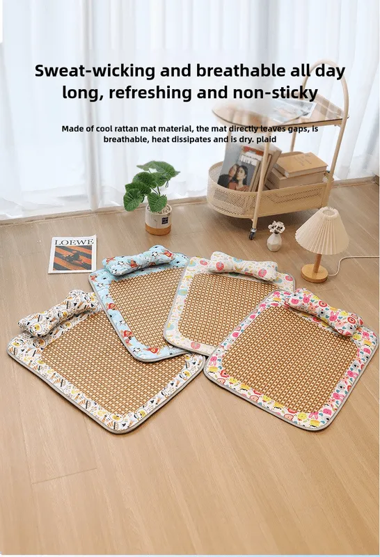 Size S Style 4 Blue And Brown Pet Cooling Mat for Dogs and Cats - Summer Breathable Woven Rattan Bed with Sponge Cushion, Durable and Chew-Resistant